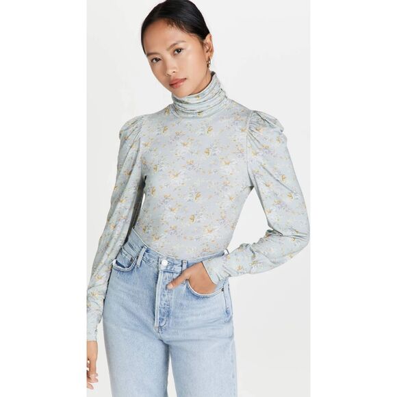 LoveShackFancy Tops - LoveShackFancy Vienna Turtleneck Top Sz S Sky Blue Floral Cottage Shabby Chic